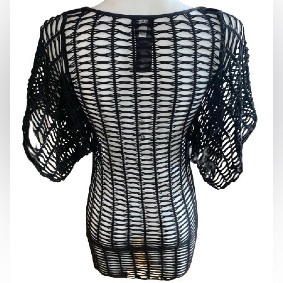 Bebe Solid Black Mesh Fishnet Bat Wing Sleeves Mini Dress / Swim Cover Up Small - Picture 4 of 13